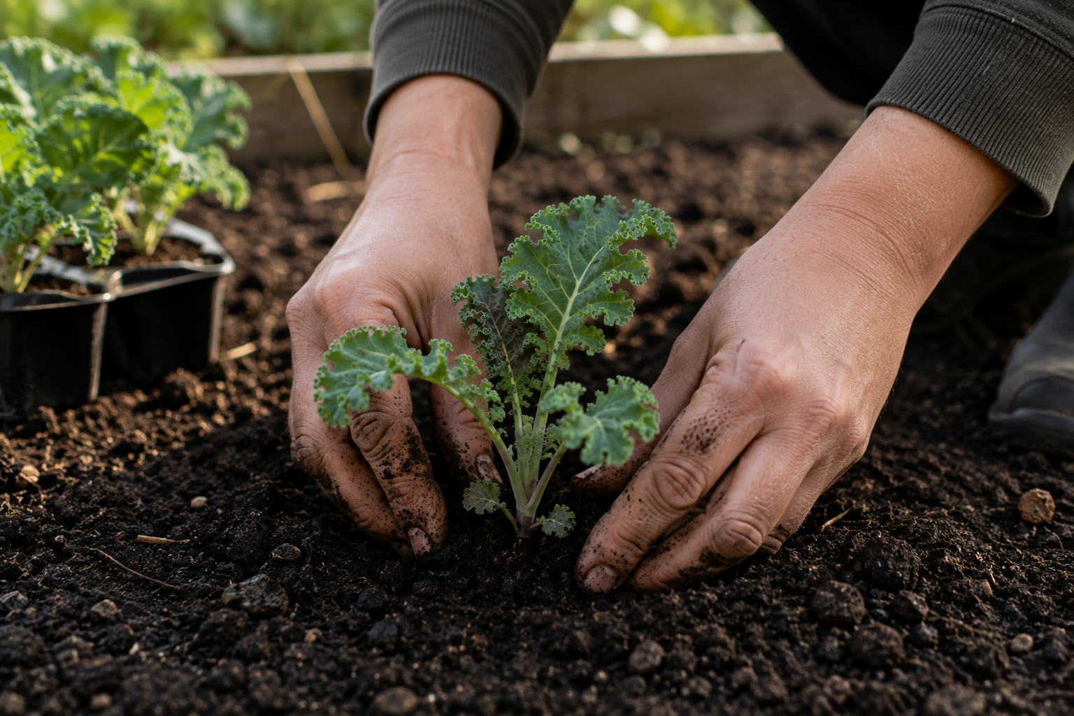 Wintergemüse anbauen: junge Grünkohlpflanzen im Herbstbeet